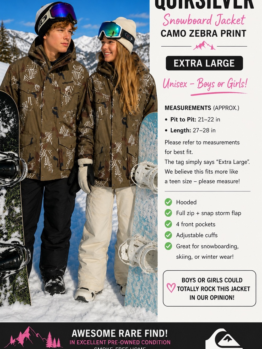 Quiksilver XL Camo Zebra Print Snowboard Jacket – Unisex Teen/Boys/Girls